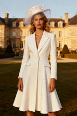 White Peak Lapel A Line Midi Blazer Wedding Dress with Sleeves