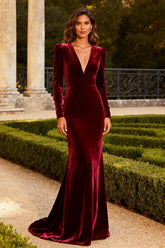 Burgundy Velvet Mermaid V-Neck Long Prom Dress with Sleeves