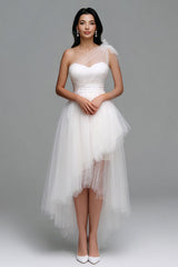 White One Shoulder Tulle A Line High Low Engagement Dress