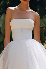 Simple White A Line Tulle Strapless Long Engagement Dress