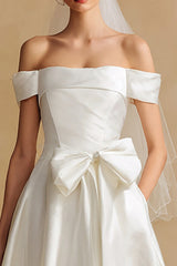 White Off the Shoulder Satin Long Wedding Dress with Bow
