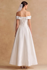 White Off the Shoulder Satin Long Wedding Dress with Bow
