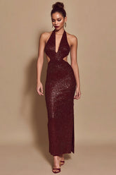 Sparkly Burgundy Sequin Halter Cut Out Mermaid Long Holiday Party Dress