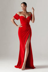Red Mermaid Off the Shoulder Ruched Long Holiday Party Dress with Slit
