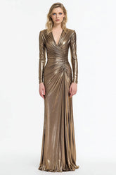 Sparkly Grey and Gold V Neck Sheath Long Formal Dress with Sleeves