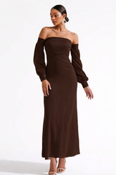 Dark Brown Sheath Strapless Long Formal Dress with Sleeves
