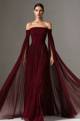 Burgundy Chiffon Off the Shoulder Pleated Long Formal Dress with Cape