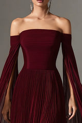 Burgundy Chiffon Off the Shoulder Pleated Long Formal Dress with Cape