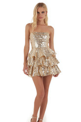 Sparkly Gold Sequin Strapless A Line Tiered Short Cocktail Dress with Ruffles
