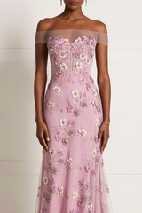 Pink Floral Appliqued Off the Shoulder Mermaid Long Prom Dress