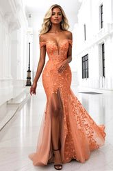 Orange Floral Corset Mermaid Long Prom Dress with Slit