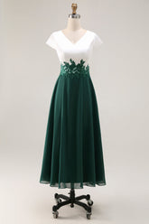 White Green V-Neck Appliqued Long Mother of the Bride Dress with Sleeves