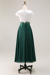 White Green V-Neck Appliqued Long Mother of the Bride Dress with Sleeves