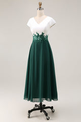 White Green V-Neck Appliqued Long Mother of the Bride Dress with Sleeves