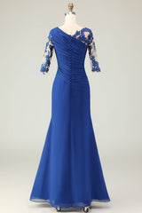 Royal Blue Ruffled Mermaid Long Mother of the Bride Dress with Sleeves