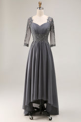 Sparkly Steel Grey Appliqued High-Low Mother of the Bride Dress with Sleeves