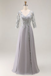 Silver V-Neck A Line Long Mother of the Bride Dress with Lace