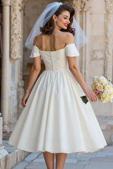 Ivory Off the Shoulder A Line Midi Wedding Dress with Bow