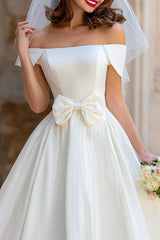 Ivory Off the Shoulder A Line Midi Wedding Dress with Bow