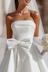 White Strapless A Line Satin Short Wedding Dress with Bow