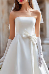 White Strapless A Line Satin Midi Wedding Dress with Bow