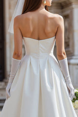 White Strapless A Line Satin Midi Wedding Dress with Bow