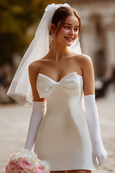 White Strapless Bodycon Satin Short Corset Wedding Dress with Bow