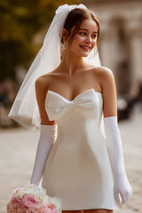 White Strapless Bodycon Satin Short Corset Wedding Dress with Bow