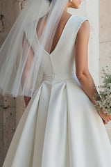 White A-Line Satin Bateau Neck Backless Midi Wedding Dress