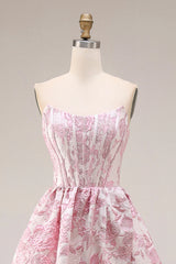 Ivory and Pink Jacquard A Line Long Corset Prom Dress with Slit
