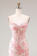 Floral Ivory and Pink Mermaid Jacquard Sweetheart Long Corset Prom Dress with Slit