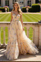 Yellow Flower A-Line Long Prom Dress with Ruffles