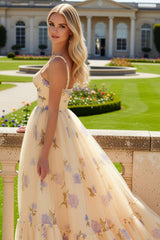 Yellow Flower A-Line Long Prom Dress with Ruffles