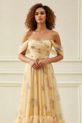 Yellow Flower Tiered Long Prom Dress with Ruffles