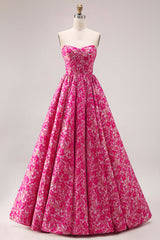 Fuchsia Flower A Line Long Corset Prom Dress