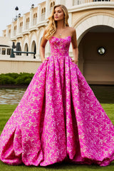 Fuchsia Flower A Line Long Corset Prom Dress