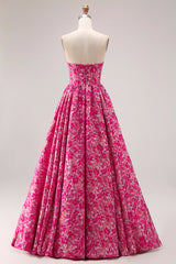 Fuchsia Flower A Line Long Corset Prom Dress
