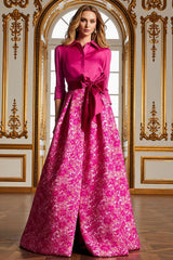 Fuchsia Floral Lapel Neck Long A Line Satin Mother of the Bride Dress with Slit