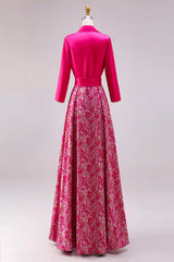 Fuchsia Floral Lapel Neck Long A Line Satin Mother of the Bride Dress with Slit