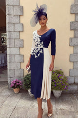 Navy 3/4 Sleeves Bodycon Midi Mother of the Bride Dress with Appliques
