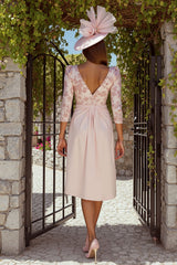 Floral Dusty Rose Ruched V-Neck Midi Mother of the Bride Dress