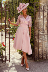 Floral Dusty Rose A Line Midi Mother of the Bride Dress with Sleeves
