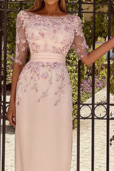 Floral Dusty Rose Boat Neck Midi Mother of the Bride Dress with Sleeves