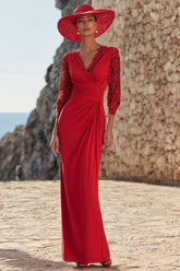 Red V-Neck Ruched Long Mother of the Bride Dress with Lace