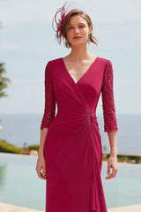 Dark Red Mermaid Long Mother of the Bride Dress with Lace