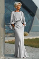 Silver Mermaid Boat Neck Long Mother of the Bride Dress with Pockets