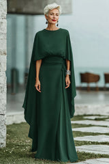 Black Round Neck Ruched Long Mother of the Bride Dress with Cape