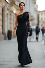 Black One Shoulder Mermaid Long Sleeves Mother of the Bride Dress with Lace