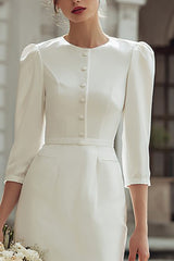 Ivory Round Neck Midi Bodycon Wedding Dress with Buttons