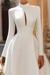 Vintage Ivory A Line High Neck Floor Length Wedding Dress with Sleeves